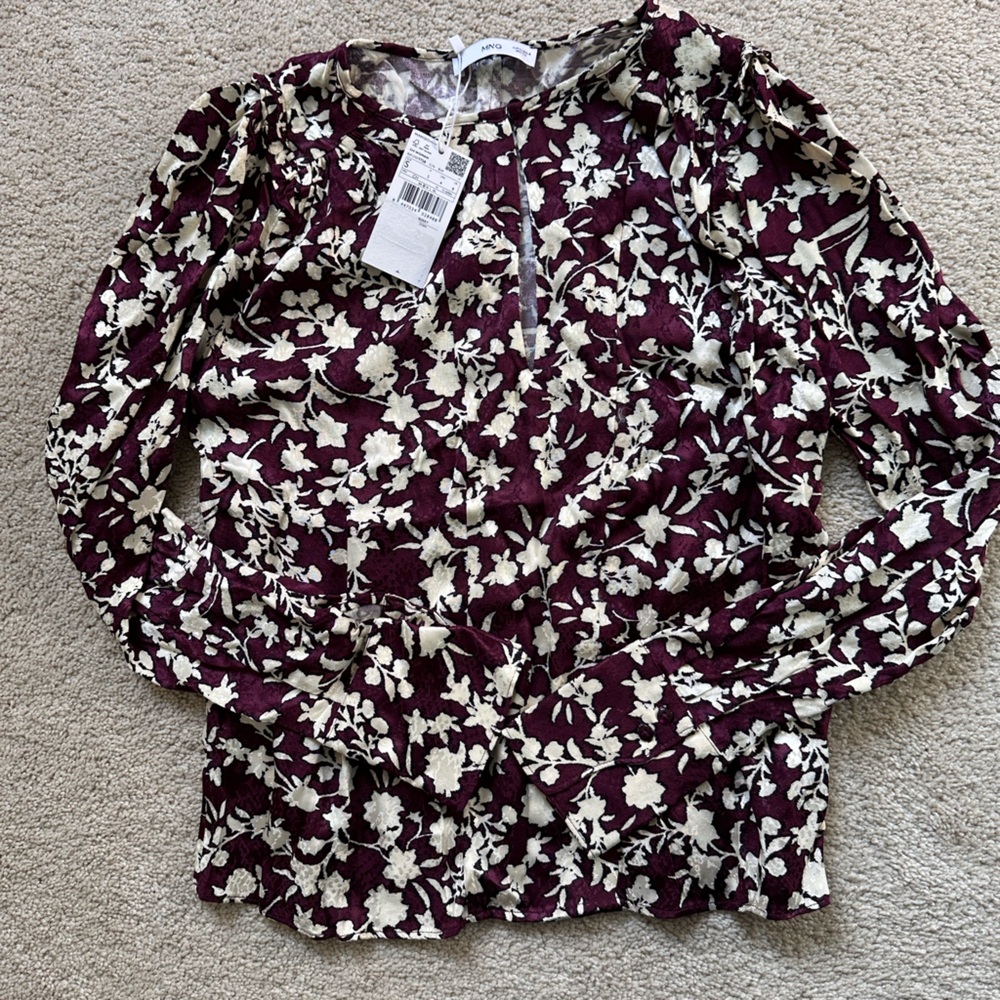 Mango Burgundy and Cream Floral Blouse